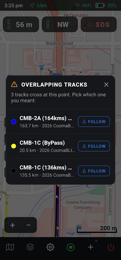 RouteXplorer overlapping tracks selection screen